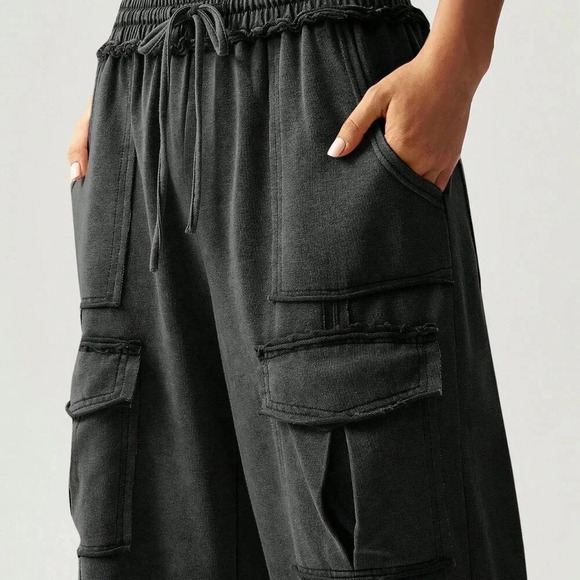 Black Casual Women's Vacation Knit Pockets Wide Leg Pants - Picture 2 of 8